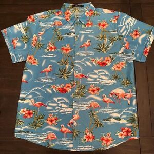 SSLR Blue Hawaiian Polo w/ pink flamingos + flowers